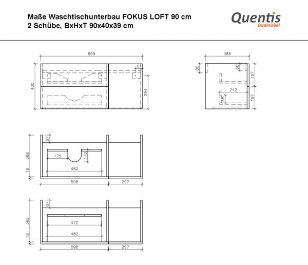 Badmöbel FOKUS-LOFT 90, Eiche Natur, Waschtisch schwarz matt, Waschtischunterschrank montiert