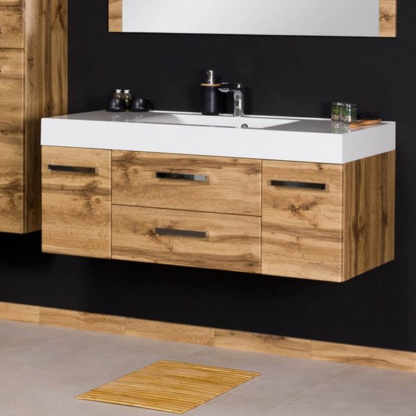 Badmöbel ZENO 120 cm Eiche Natur – Waschbecken mit Unterschrank, 2 Schubladen, 2 Türen, vormontiert