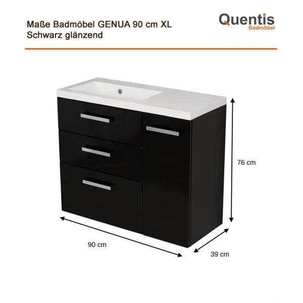 Badmöbel GENUA 90 cm Schwarz Hochglanz – Waschbecken mit Unterschrank, 3 Schubladen, vormontiert