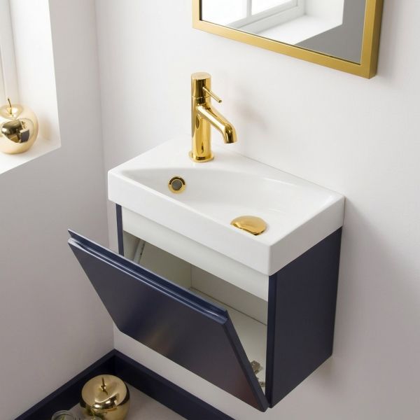 Gäste-WC Badmöbel RENA 40 cm, blau matt, Waschbecken mit Unterschrank, vormontiert