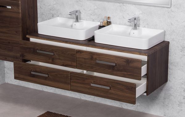 Badmöbel ZENO 140 cm, Nussbaum, Waschtischunterbau als Einzel- oder Doppelwaschplatz, montiert