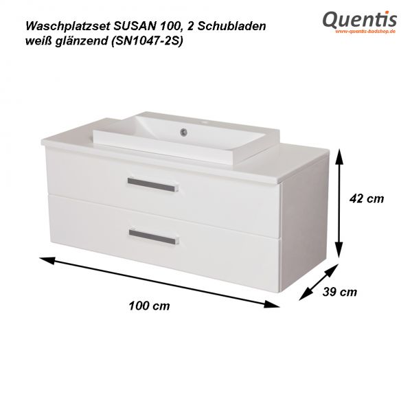 Maße - Waschplatz SUSAN, 100 cm, weiß glänzend (SN1247-2S)