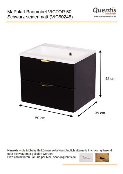 Badmöbel VICTOR 50 cm, seidenmatt schwarz, Waschtischunterbau mit 2 Schubladen (montiert)