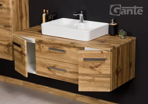 Badmöbel ZENO, Breite 120 cm, Eiche Natur, Keramikaufsatzbecken LUNA