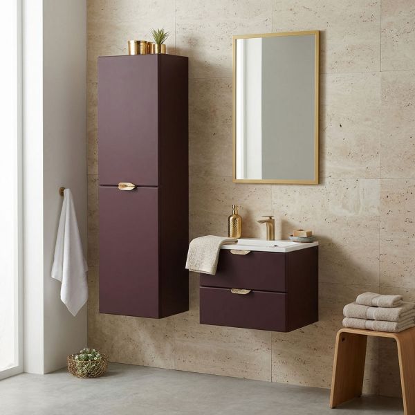 Badmöbel MAGNOLIA 50 cm, Burgunderrot satiniert, Waschtischunterbau montiert inkl. Waschbecken