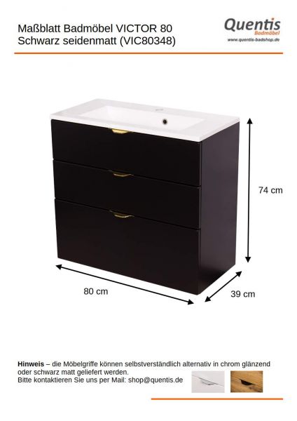 Badmöbel VICTOR 80 cm, seidenmatt schwarz, Waschtischunterbau mit 3 Schubladen (montiert)