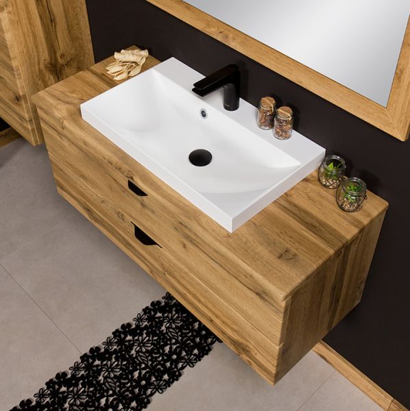 Badmöbelset VICTA 100, Eiche Natur, Waschbecken weiß (Art.Nr. VIC10062-W)