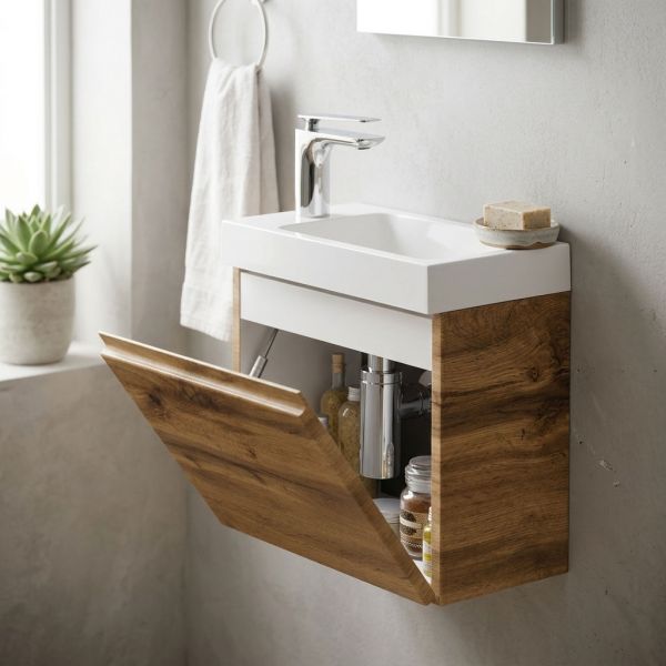 Gäste-WC Badmöbel FAROS 40 cm – Waschbecken mit Unterschrank, Eiche Natur, vormontiert
