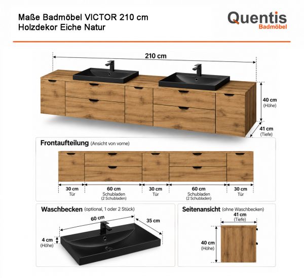 Badmöbel VICTA Breite 210 cm, Eiche Natur, Einzel- oder Doppelwaschplatz, Waschbecken optional