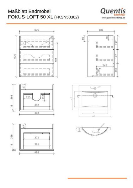 Badmöbel Fokus LOFT 50-XL, Eiche Natur, Waschtisch schwarz matt, Waschtischunterschrank montiert
