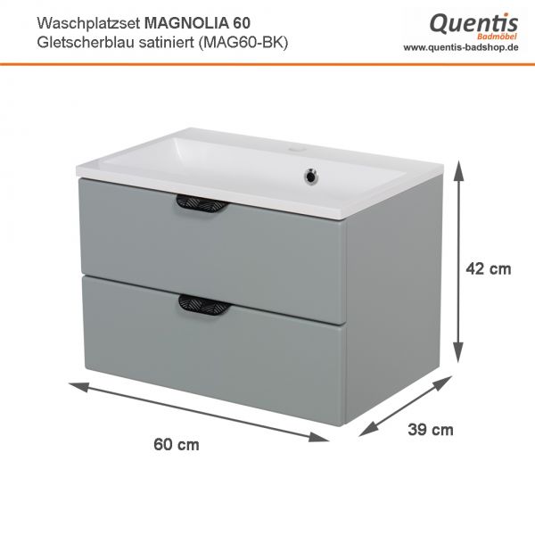 Badmöbel MAGNOLIA 60 cm, gletscherblau satiniert, Waschtischunterbau montiert inkl. Waschbecken