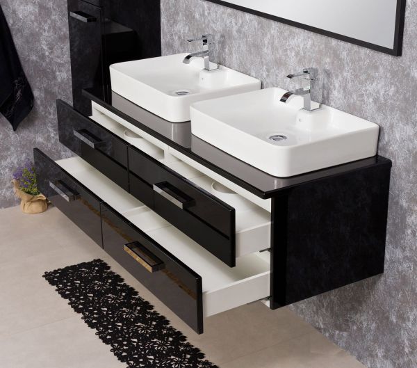 Doppelwaschplatz Aruva, Breite 140 cm, schwarz, inkl. 2 Aufsatzwaschtische