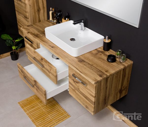 Badmöbel ZENO, Breite 140 cm, Eiche Natur, Keramikaufsatzbecken LUNA