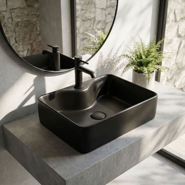 Aufsatzwaschbecken BRENDO 47 cm Schwarz matt – Keramik mit Hahnloch