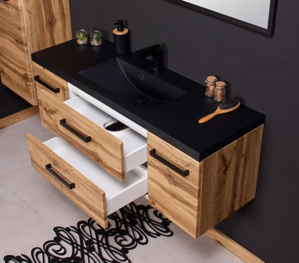 Quentis Badmoebel Fokus Loft 120 cm Eiche Natur Waschbecken schwarz matt FKSN12062S