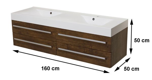 Badmöbel ZENO Breite 160 cm,Holzdekor Antik, Doppelwaschtisch mit Unterschrank, montiert