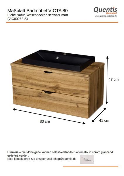 Badmöbel VICTA, Breite 80 cm, Eiche, Waschbecken schwarz