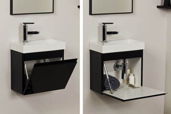 Waschplatz Faros 40, Front und Korpus schwarz glänzend, Aufsatzbecken Ruth, FZ4048R