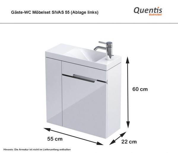 Gäste-WC Möbel Sivas, Breite 55 cm, Ablage links