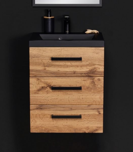 Badmöbel Fokus LOFT 50-XL, Eiche Natur, Waschtisch schwarz matt, Waschtischunterschrank montiert