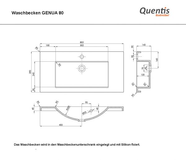 Badmöbelset GENUA 80 cm, grafitgrau, Waschtisch mit Unterschrank montiert