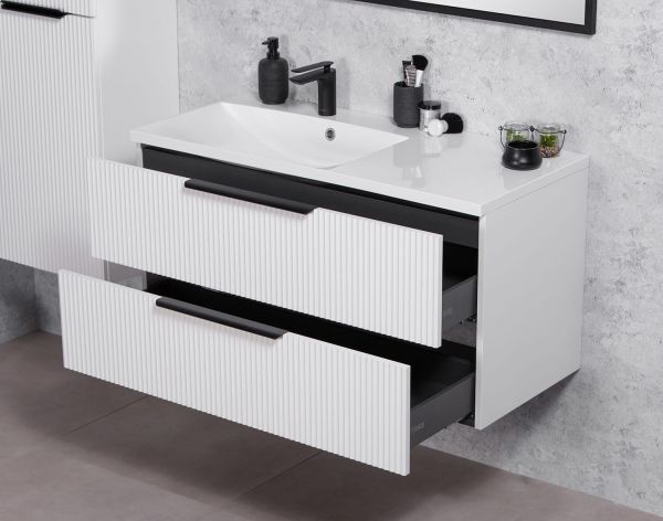 Quentis Badmoebel SYDNEY 100 cm weiß matt Waschtisch mit Unterschrank montiert SYDB100L