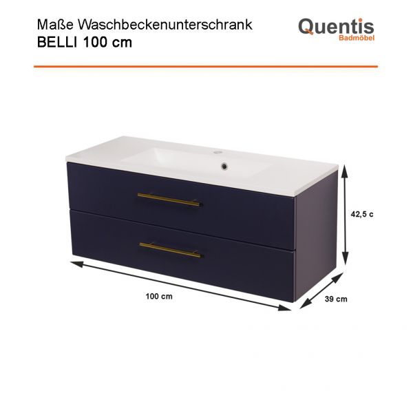 Badmöbel BELLI 100 cm Marineblau matt – Waschbecken mit Unterschrank, 2 Schubladen, vormontiert