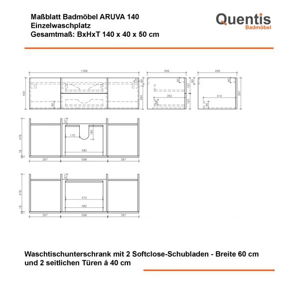 Maßblatt Waschtischunterschrank 140x40x50 cm, Einzelwaschplatz