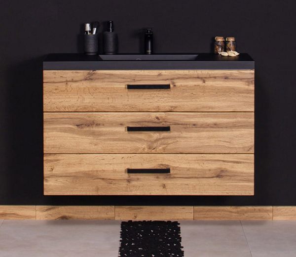 Badmöbel FOKUS LOFT 100 XL, Eiche Natur, Unterschrank montiert, Waschtisch schwarz matt