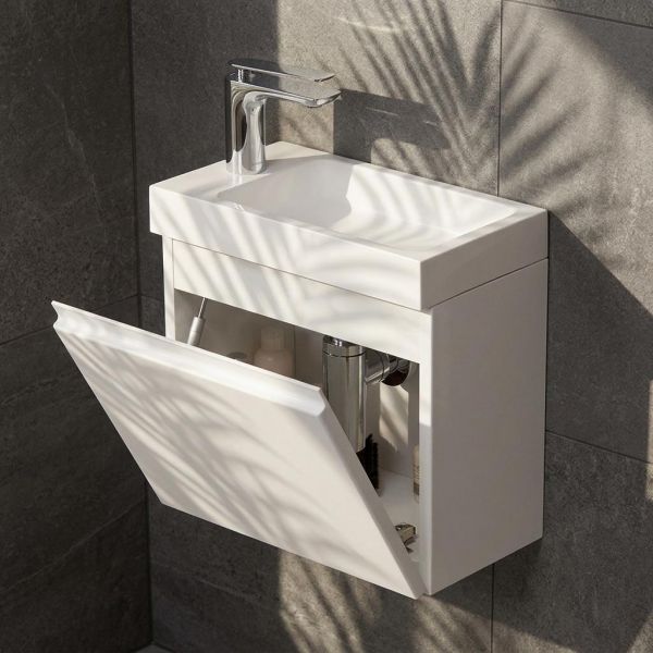Gäste-WC Badmöbel FAROS 40 cm, Waschbecken mit Unterschrank, Weiß Hochglanz, vormontiert
