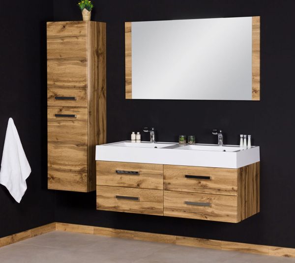 Doppelwaschplatz Zeno, Breite 120 cm mit passendem Hochschrank, Ausführung Holzdekor Eiche Natur