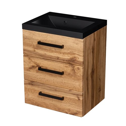 Badmöbel Fokus LOFT 50-XL, Eiche Natur, Waschtisch schwarz matt, Waschtischunterschrank montiert