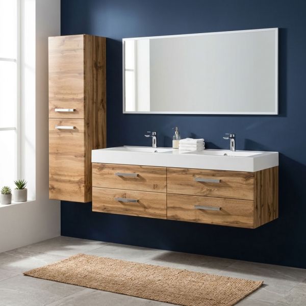 Doppelwaschtisch ZENO Breite 140 cm, Eiche Natur mit passendem Hochschrank