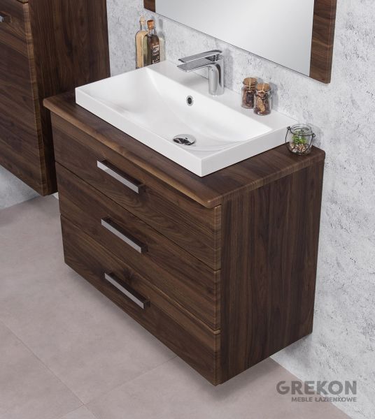 Badmöbel SUSAN Breite 80 cm, Nussbaum, 3 Schubladen, Waschtischunterbau aufgebaut