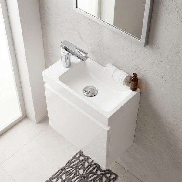 Gäste-WC Badmöbel FAROS 40 cm, Waschbecken mit Unterschrank, Weiß Hochglanz, vormontiert