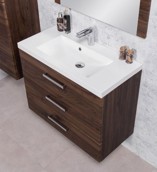 Badmöbel GENUA, Breite 80 cm, Nussbaum, 3 Schubladen, Unterschrank montiert