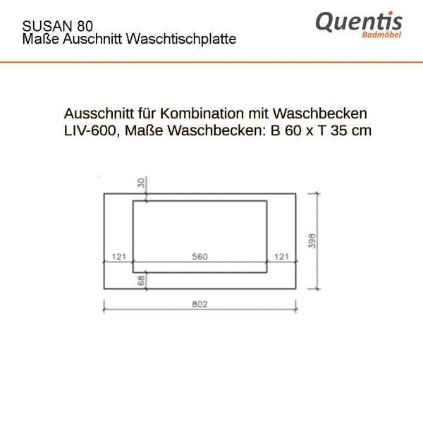 Badmöbelset SUSAN 80 cm Weiß Hochglanz / Eiche Natur, Waschbecken mit Unterschrank, 2 Schubladen, vo