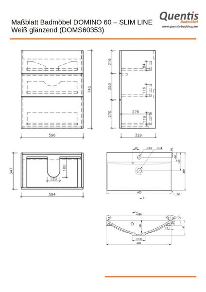 Badmöbel DOMINO SLim-Line 60 cm, weiß matt, Waschtisch und Unterschrank (montiert)