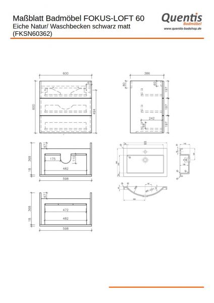 Badmöbel FOKUS LOFT 60-XL, Eiche Natur, Waschtisch schwarz matt, Waschtischunterschrank montiert
