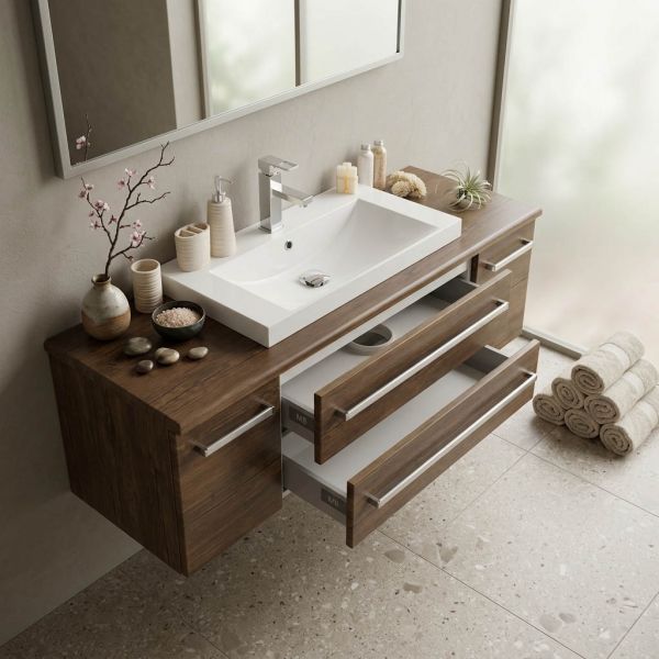 Badmöbel SUSAN Breite 140 cm, Holzdekor antik, Waschtischunterschrank montiert