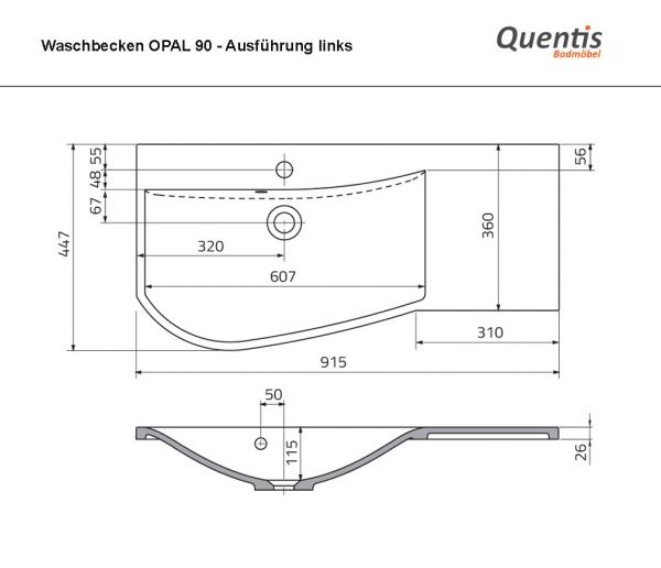 Badmöbel OPAL, Breite 90 cm, weiß glänzend, Waschtischunterbau montiert