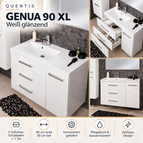 Badmöbel GENUA 90 XL, weiß glänzend, inkl. Waschbecken 3 Softclose-Schubladen, vormontiert
