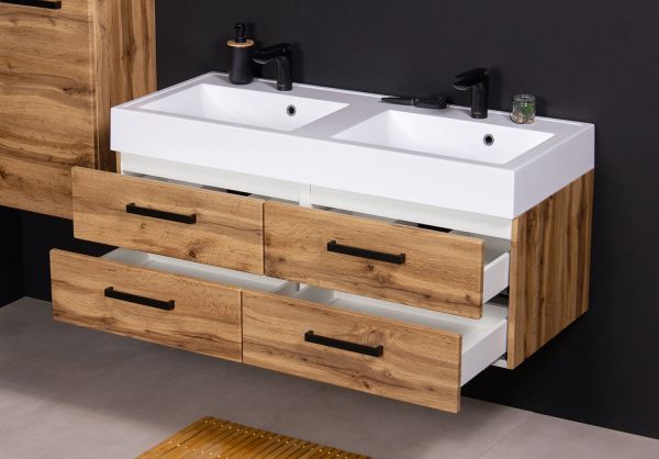 Badmöbel ZENO Breite 120 cm, Eiche Natur, Doppelwaschtisch mit Unterschrank, Griffe schwarz, montier