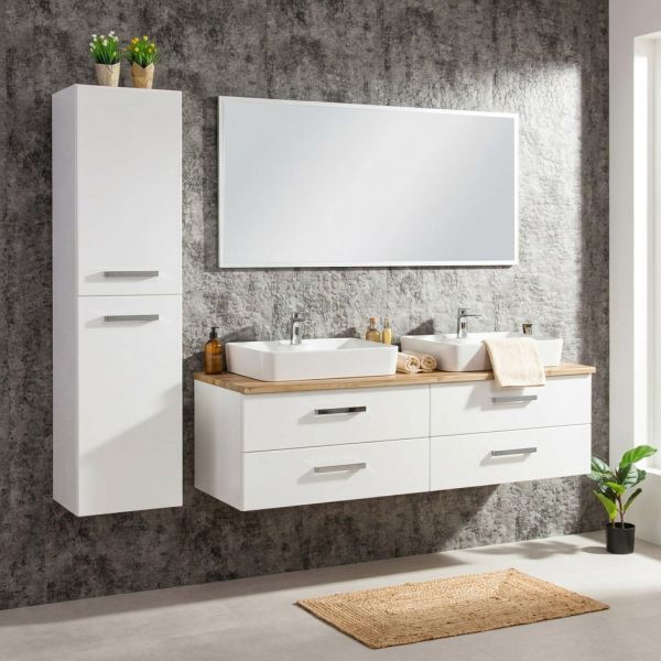 Badmöbelset ARUVA 160 cm, weiß/ Eiche Natur, Waschtischunterbau montiert, inkl. 2 Keramikbecken