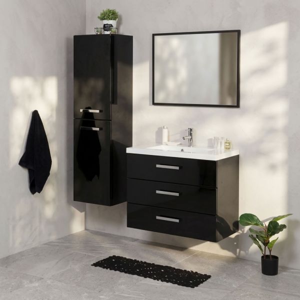 Badmöbel Genua XL, Breite 80 cm, 3 Schubladen, schwarz glänzend mit Hochschrank