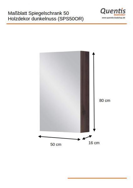 Spiegelschrank Breite 50 cm, Nussbaum, vormontiert