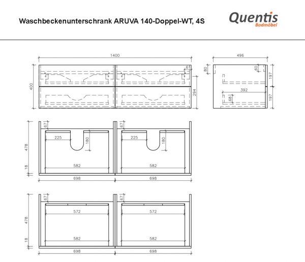Badmöbbel ARUVA Breite 140 cm, grafitgrau, Doppelwaschtisch mit Unterschrank (montiert)