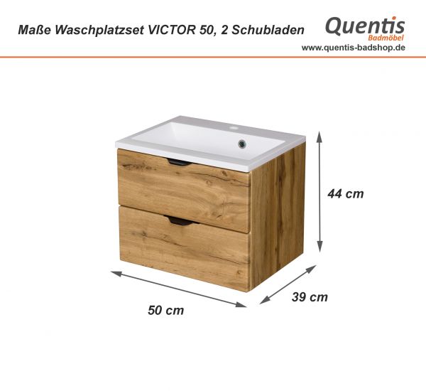Maße Badmöbelset VICTOR 50, 2 Schubladen, Eiche Natur (VIC50262)