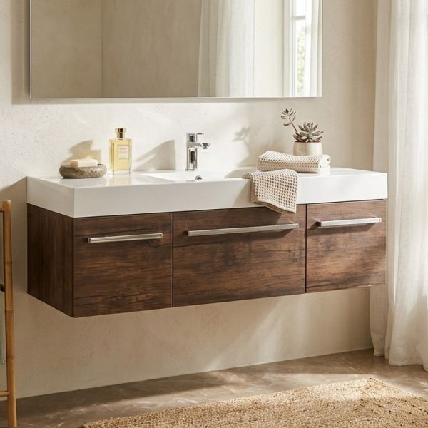 Badmöbel ZENO Breite 140 cm, Holzdekor antik, Waschtischunterschrank montiert
