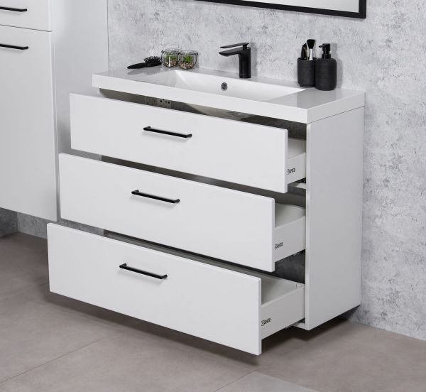 Badmöbel DOMINO SLim-Line 100, Tiefe 35 cm, weiß matt, Waschtisch und Unterschrank (montiert)-Copy